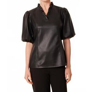 NEW DOLCE CABO faux leather ruffle neck top in black